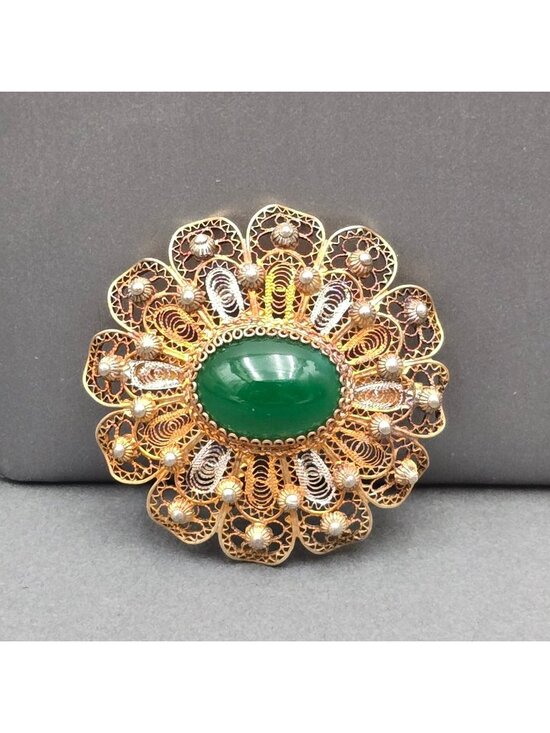 Estate Jewelry - Vintage 830 Silver Vermeil Flower Brooch Green Cabochon Filigree Scandinavian